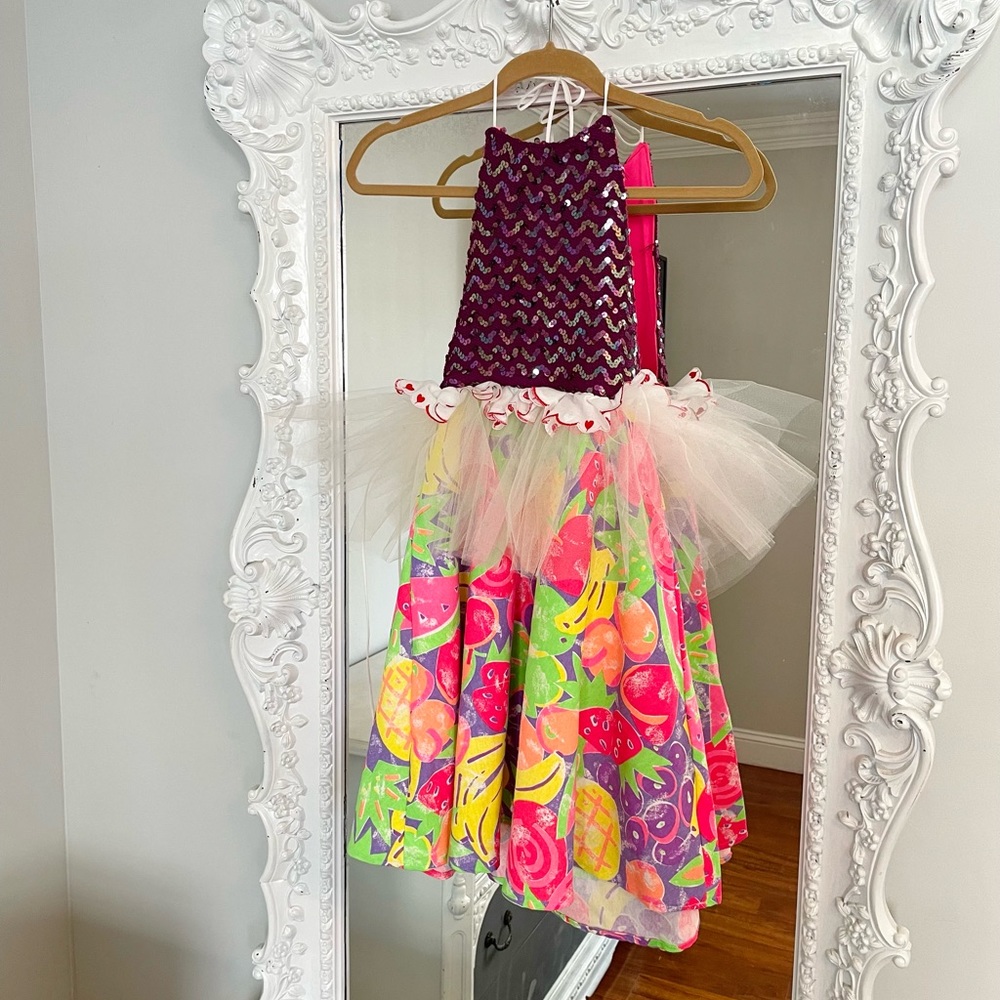 One of a Kind Reworked Sequin Detail Bright Fruits Halter Tutu Dress